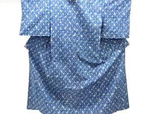 アンティーク　格子に絣柄織り出し手織り紬単衣着物